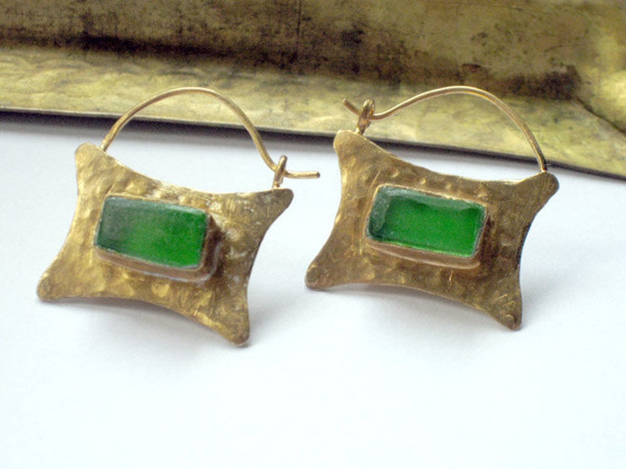 Gold Green Glass Two Sided Ear Hoops
