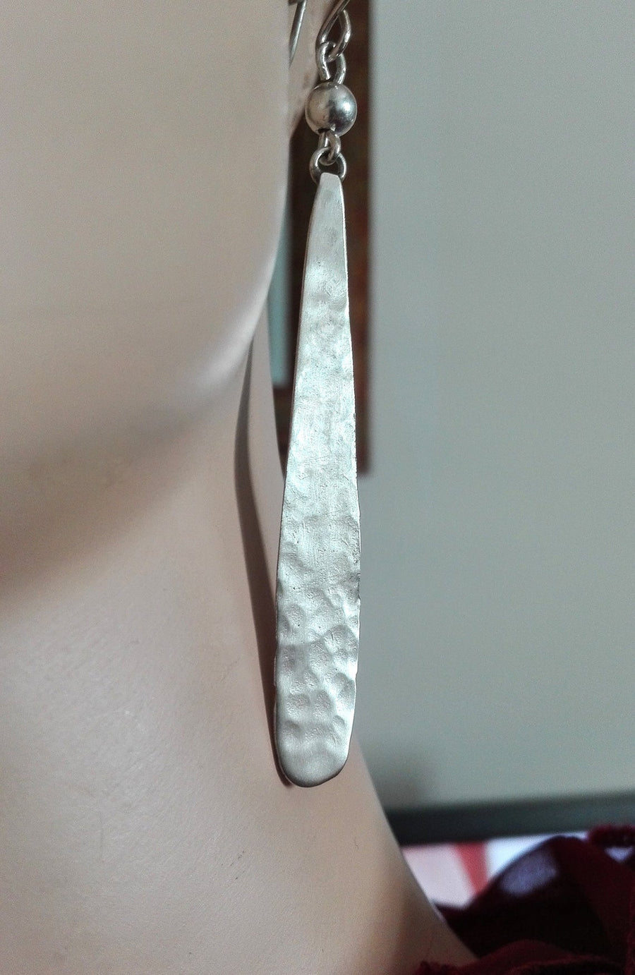 Long Hammered Silver Drop Earrings