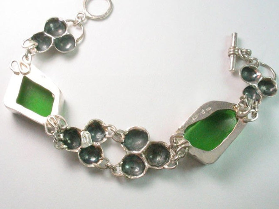 Statement Hammered Silver and Sea Glass Bracelet