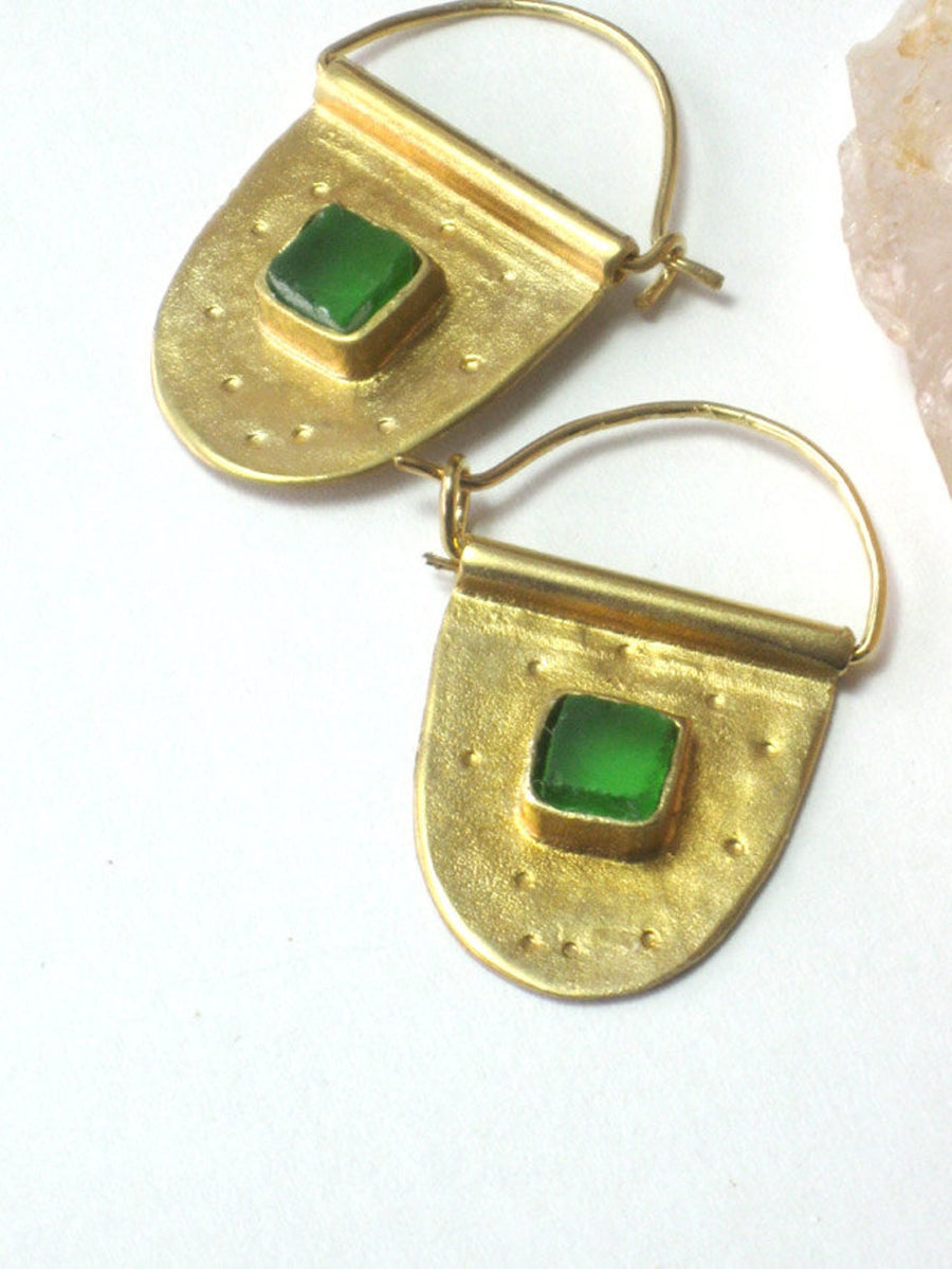 Green Sea Glass Gold Hoop Earrings