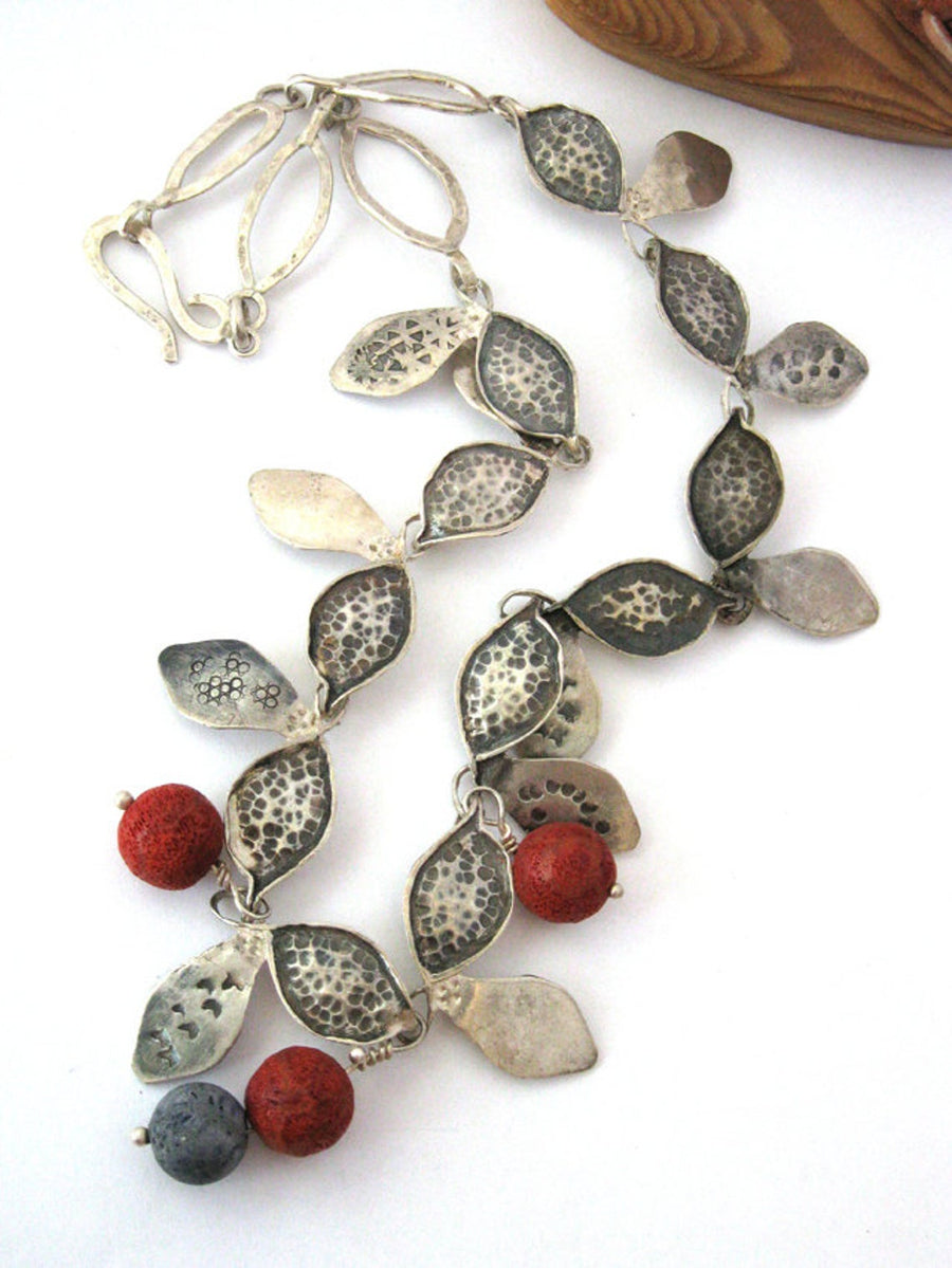 Unusual Hammered Silver Coral Necklace
