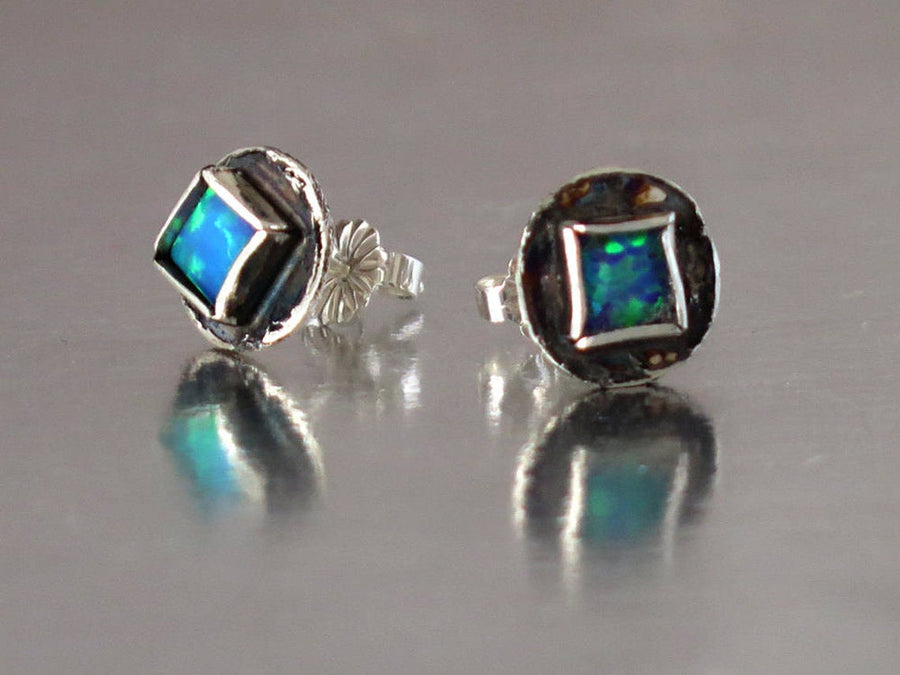 Blue Opal Silver Stud Earrings
