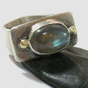 Two Tones Labradorite Silver Gold Ring
