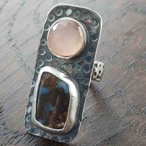 Rectangle Silver Opal and Chalcedony Ring