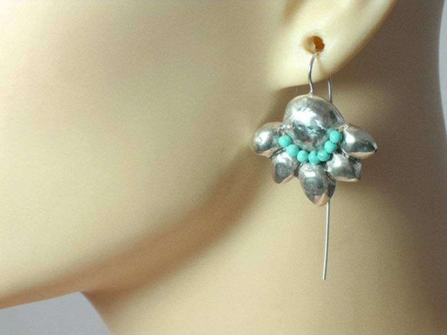 Silver and Turquoise Flower Earrings