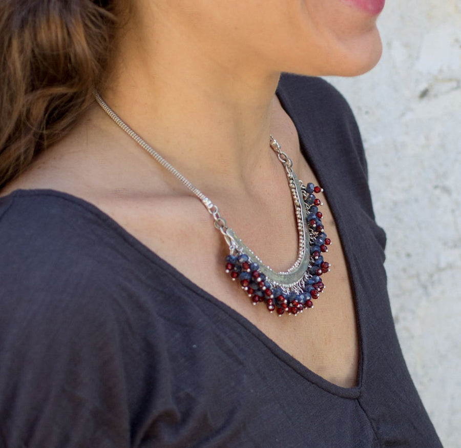 Artisan Silver Sapphire Red Agate Statement Necklace