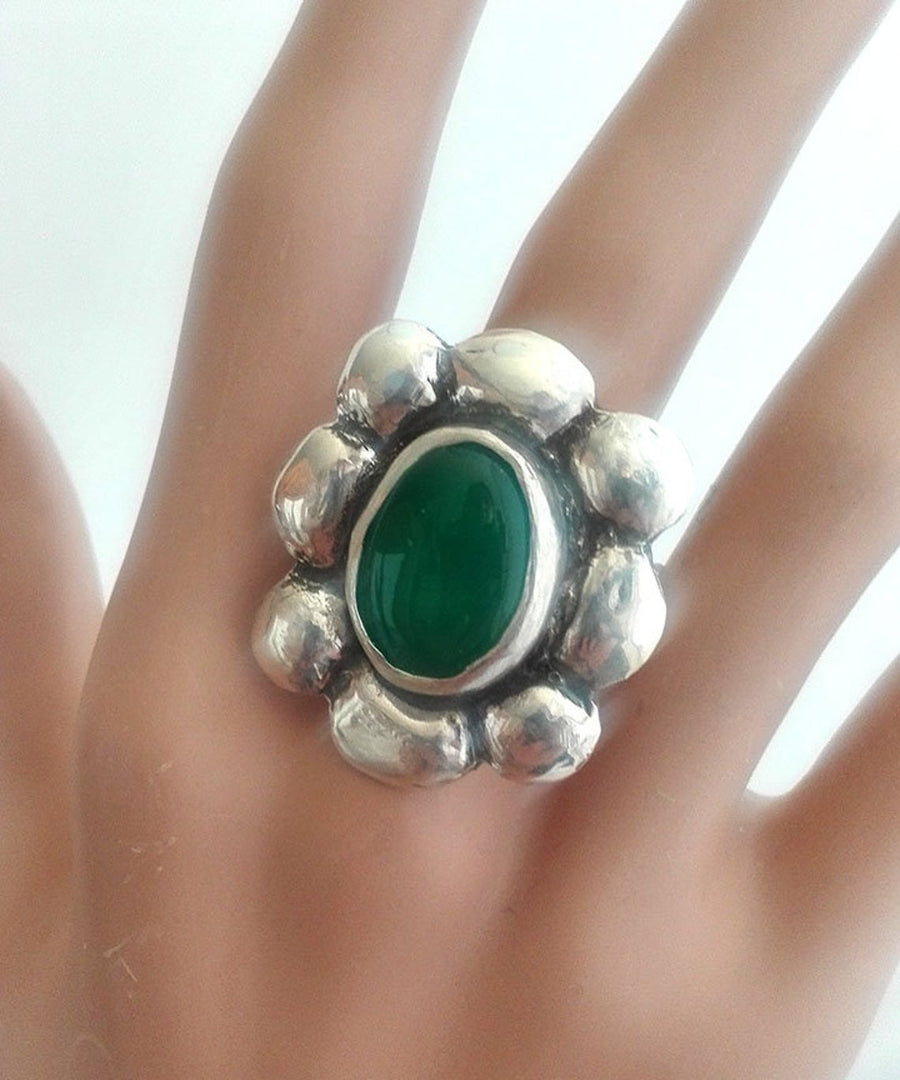 Green Agate Gemstone Silver Flower Ring