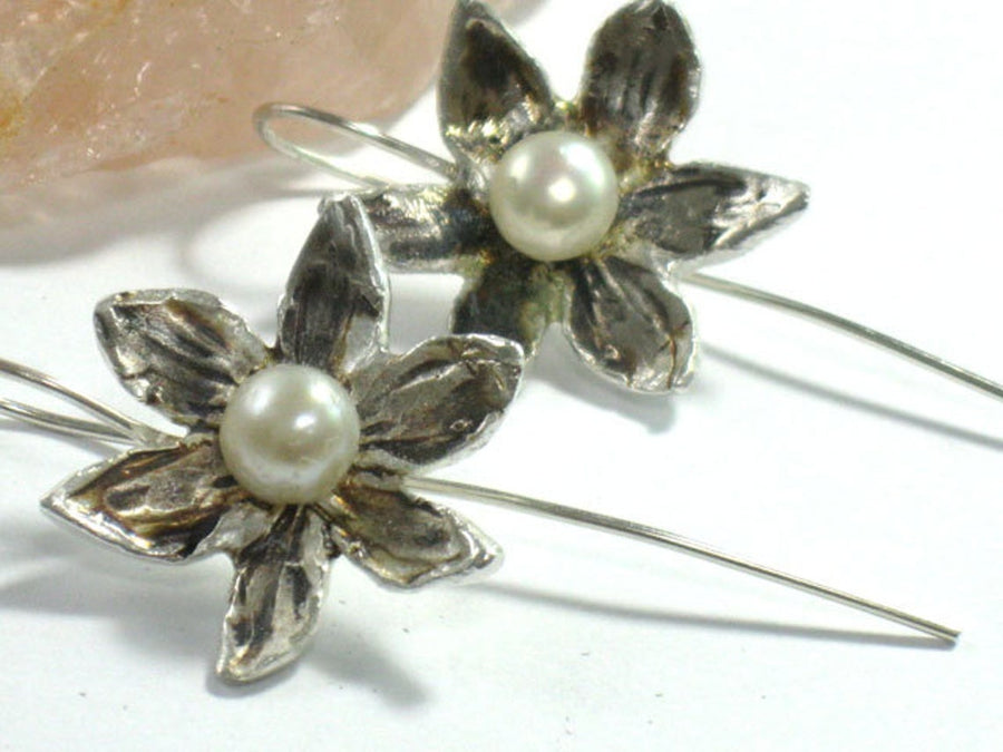 Flower Silver Pearl Dangle Earrings