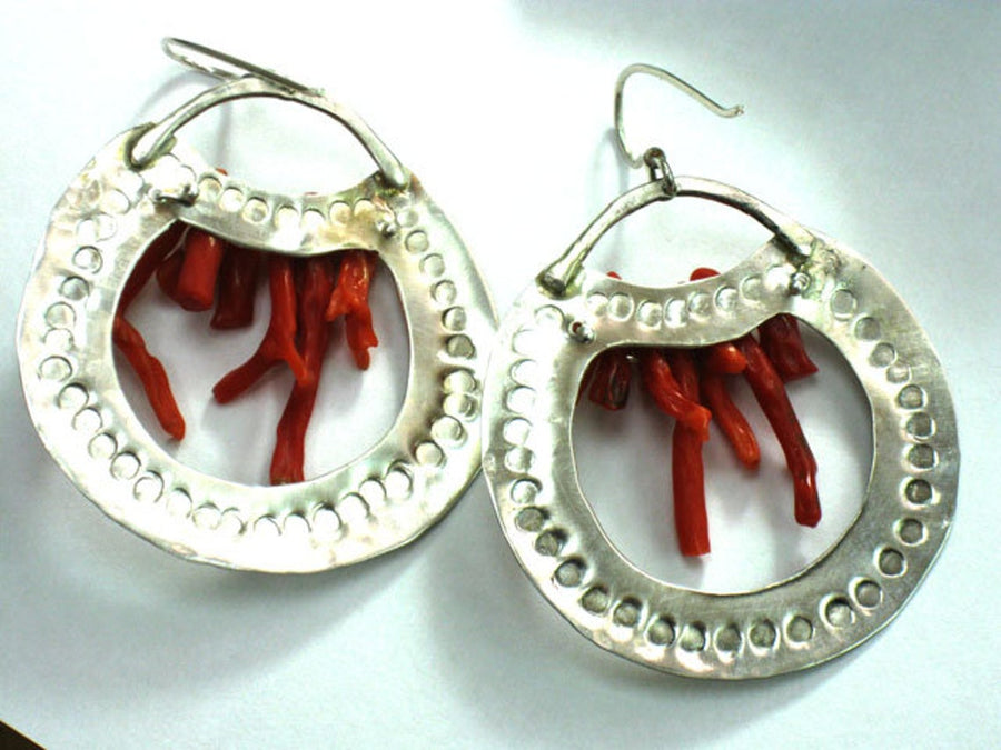 Large Hammered Silver Coral Earrings