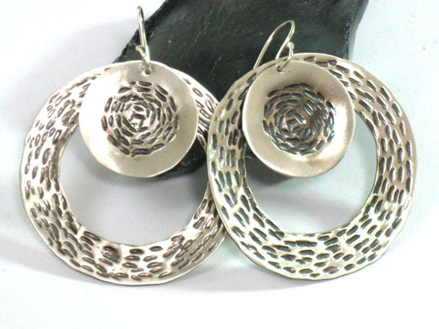 Large Round Sterling Textured Dangle Loop Earrings