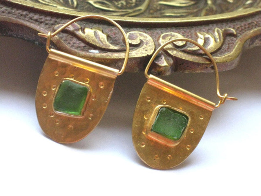 Green Sea Glass Gold Hoop Earrings