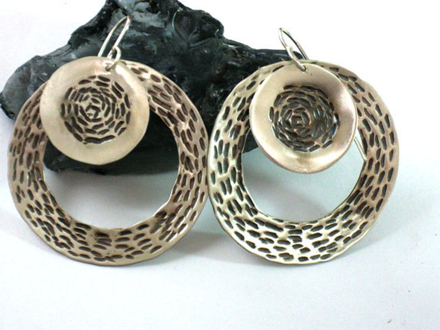 Large Circle Textured Silver Dangle Hoop Earrings