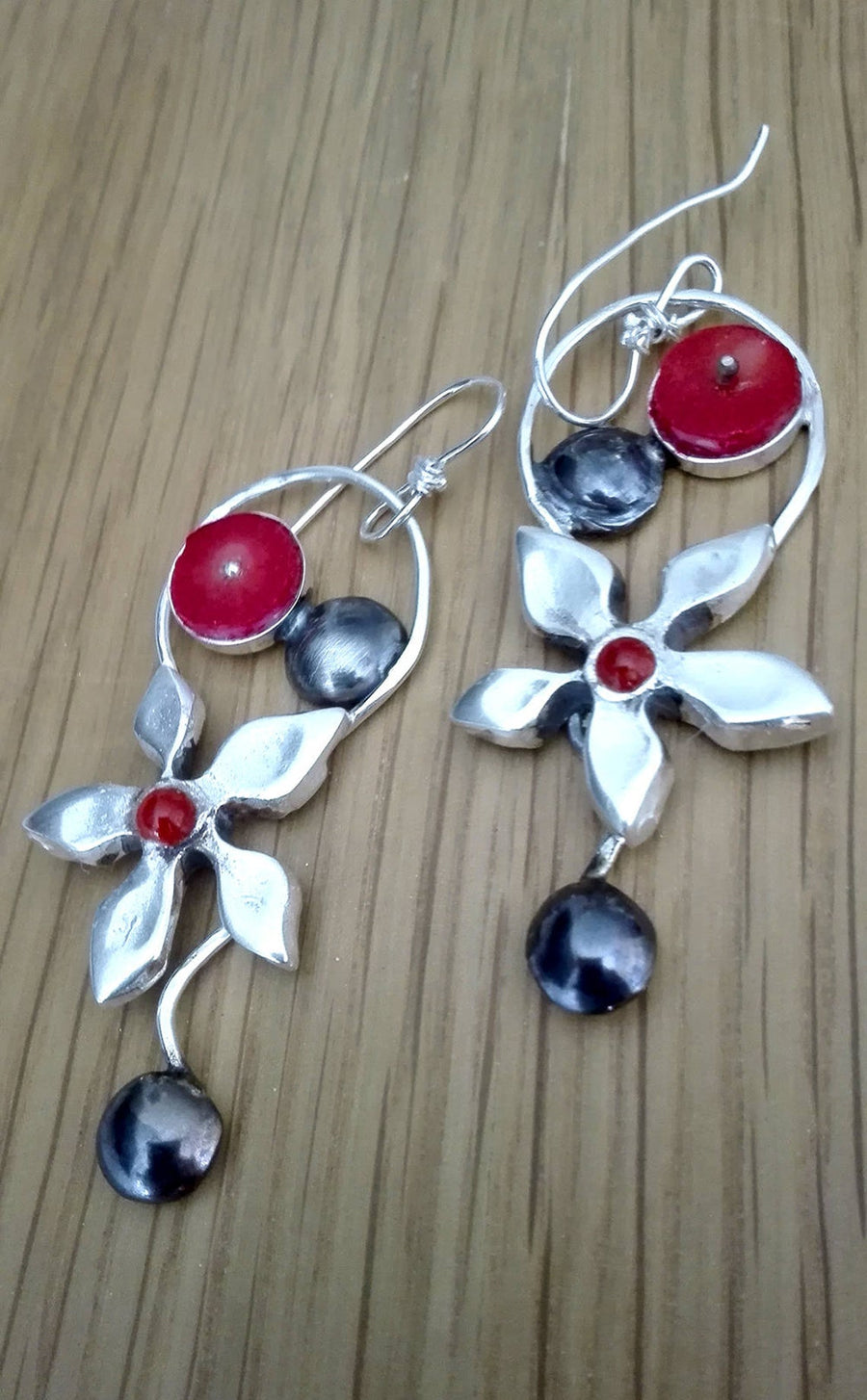 Silver Red Coral Long Earrings