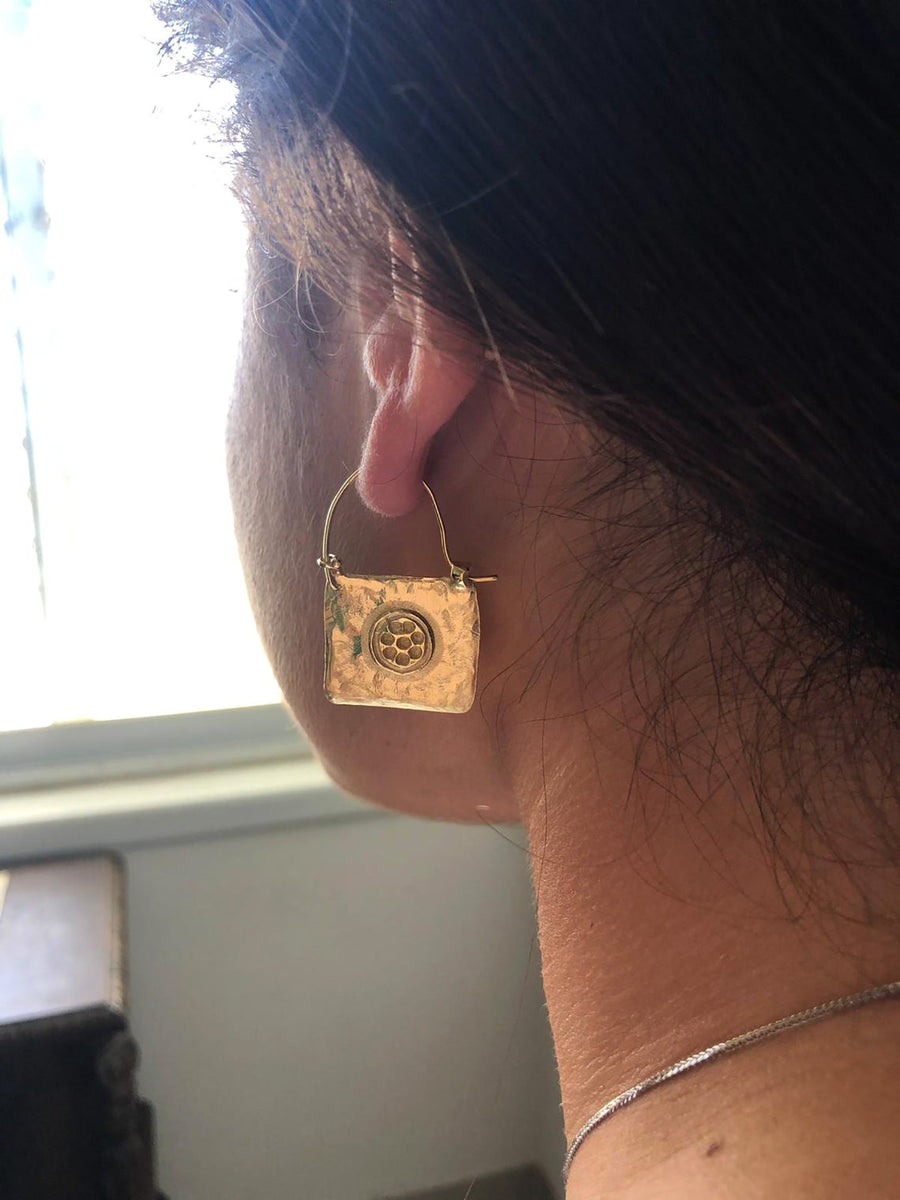 Rectangle Two Sided Gold Hoop Earrings