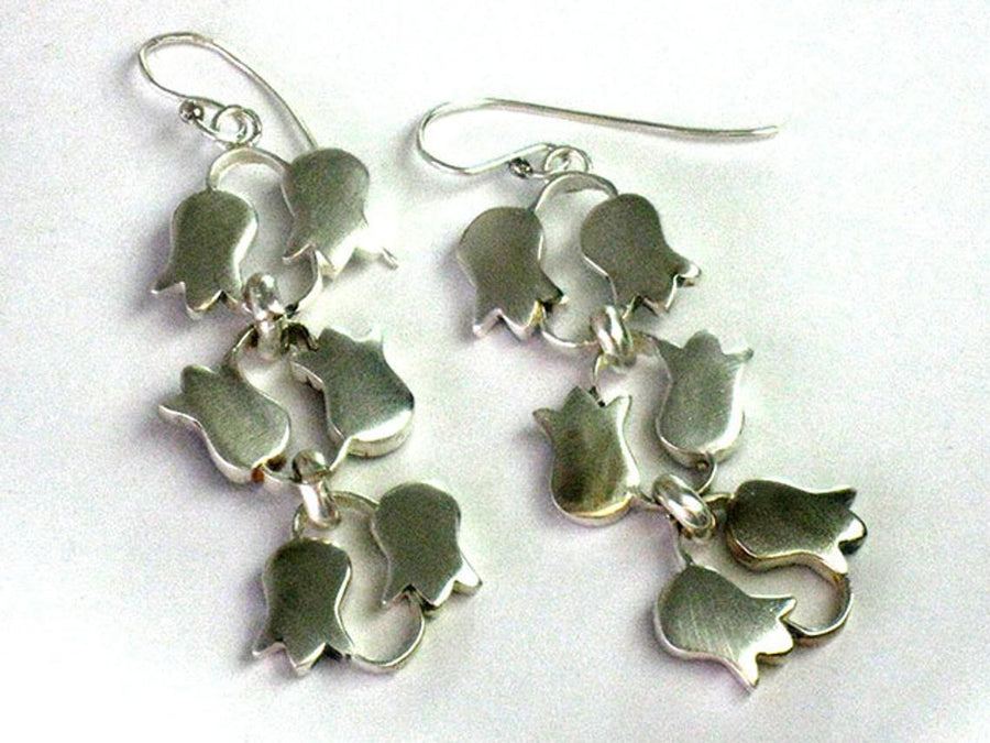 Long Silver Flower Dangle Earrings.