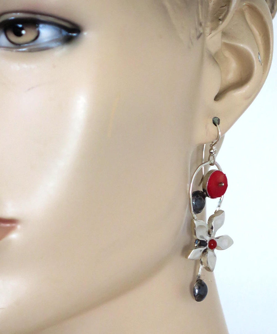 Silver Red Coral Long Earrings
