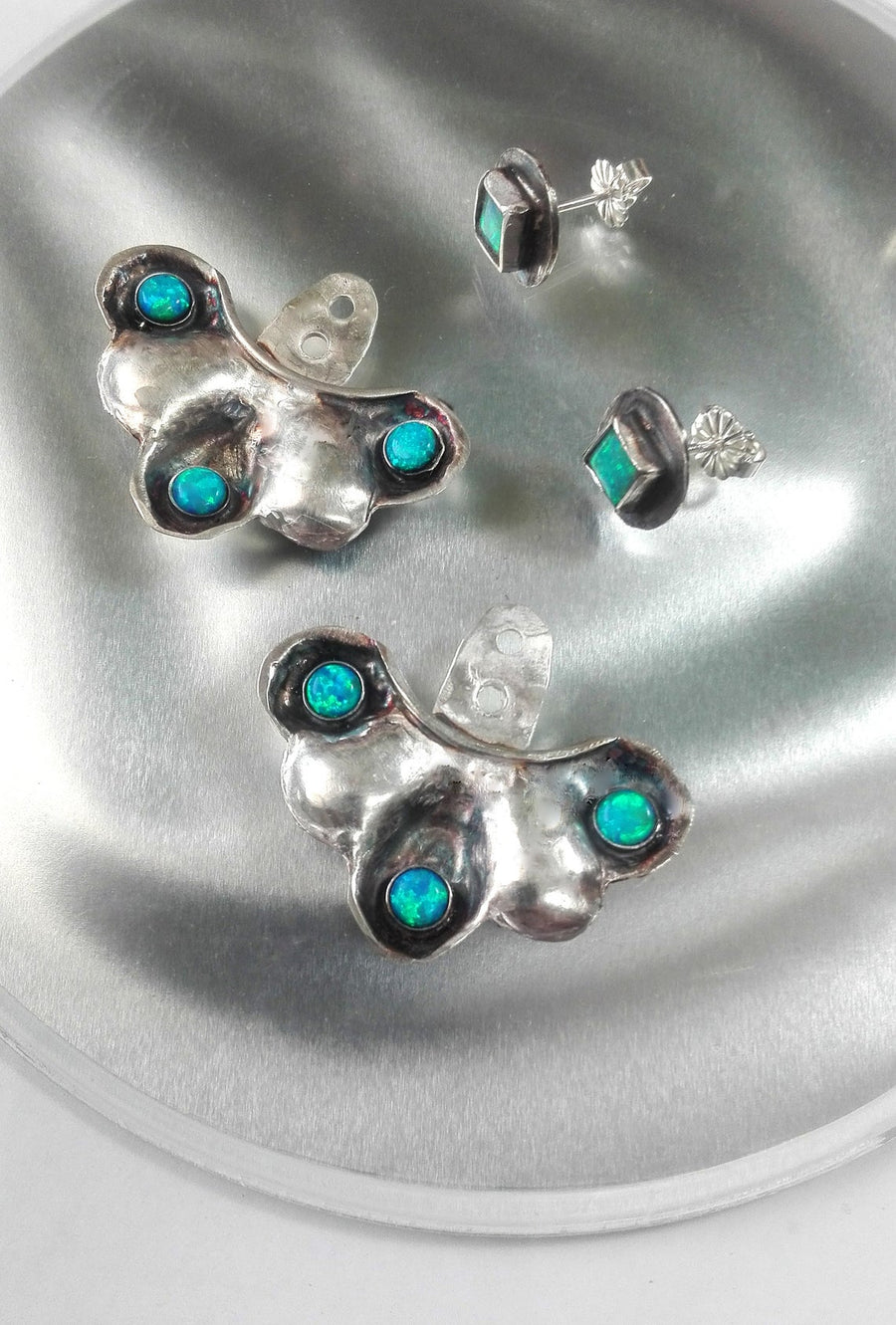 Blue Opal Silver Ear Jacket Earrings