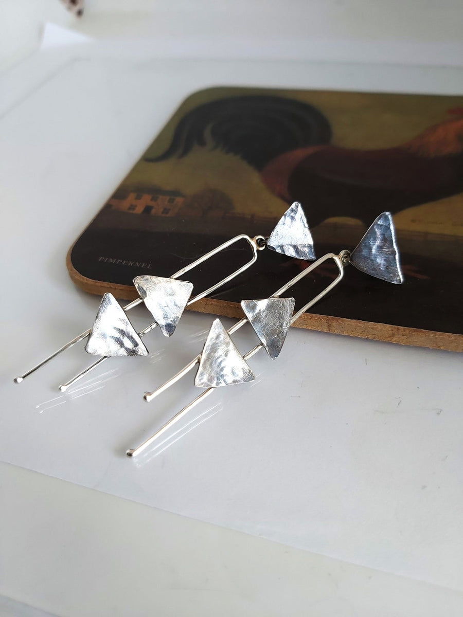 Long Sterling Triangle Geometric Earrings