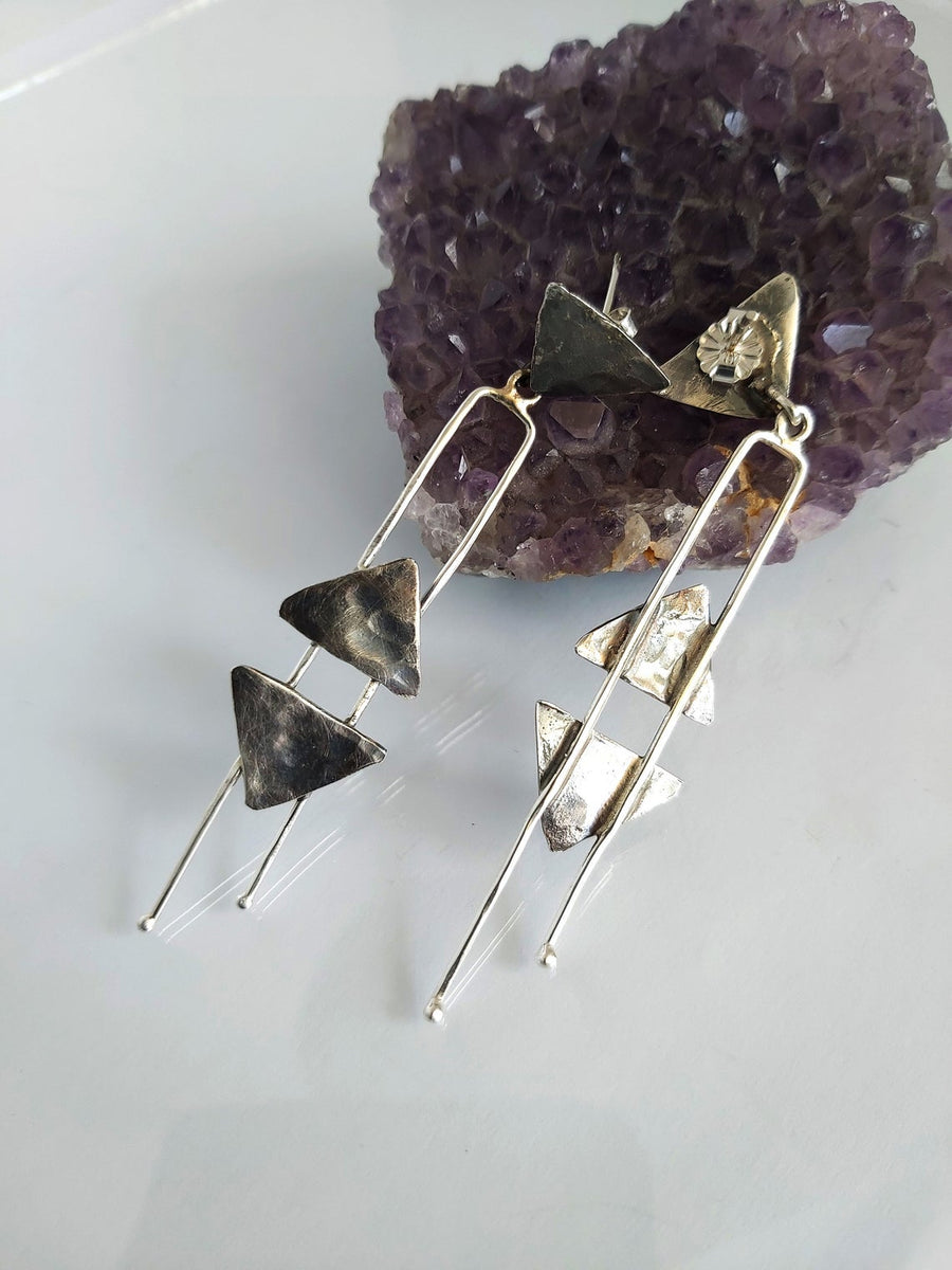 Long Sterling Triangle Geometric Earrings