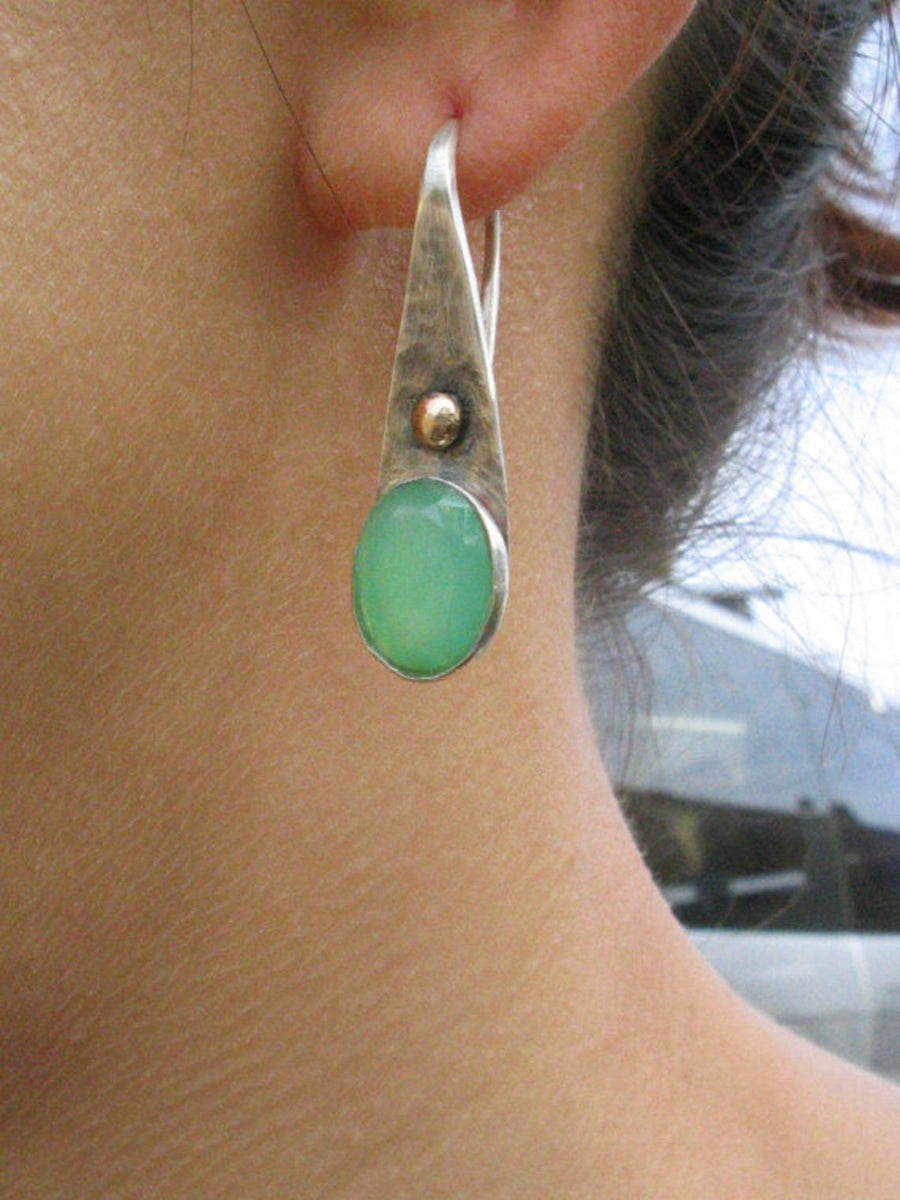 Green Stone Silver Gold Dangle Drop Earrings