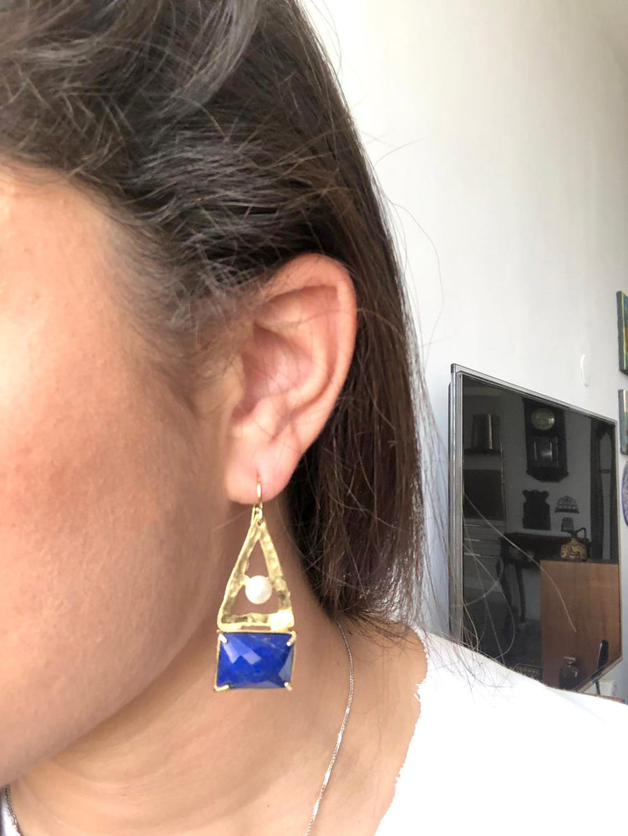 Lapis and Gold Long Geometric Earrings