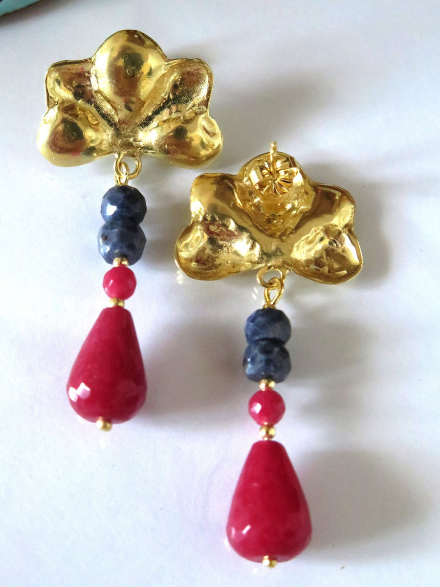Blue Sapphire Earrings,Sapphire Ruby,Sapphire Gold Earrings,September Birthstone,Gemstone Jewelry,Sapphire Gemstone,Blue Red Earrings