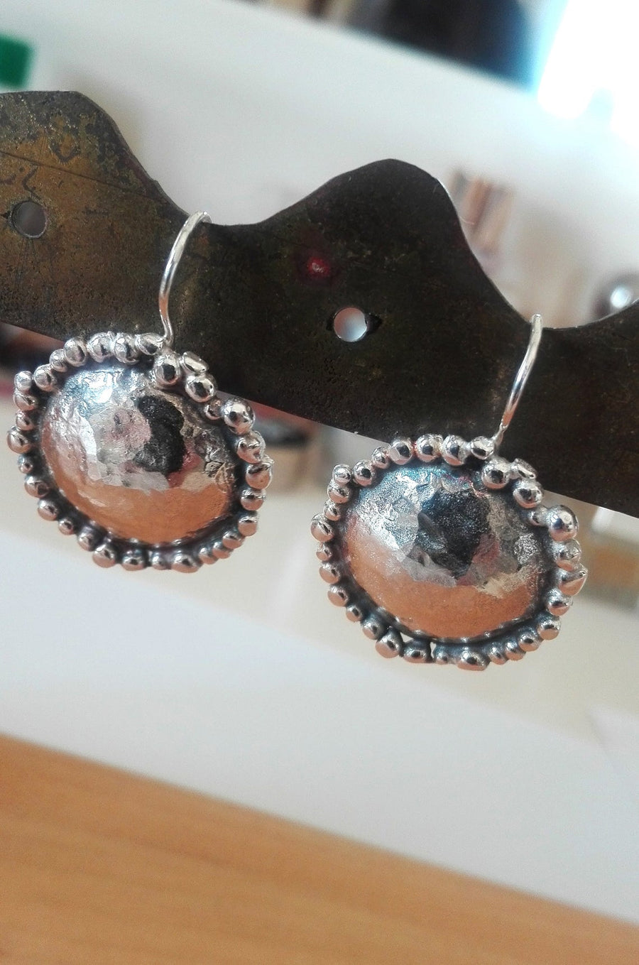 Silver Hammered Dangle Dome Earrings.