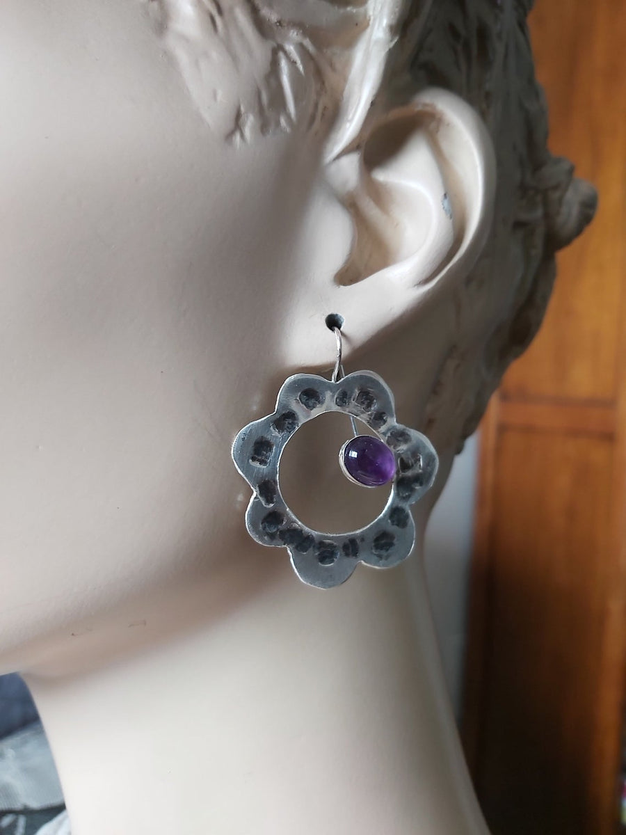 Large Silver Amethyst Flower Earrings.