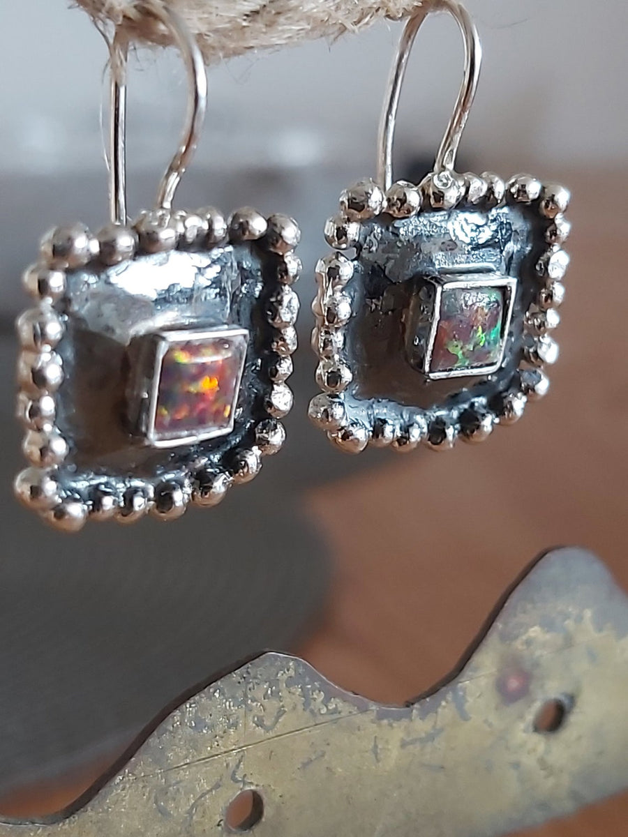 Square Silver Opal Dangle Earrings