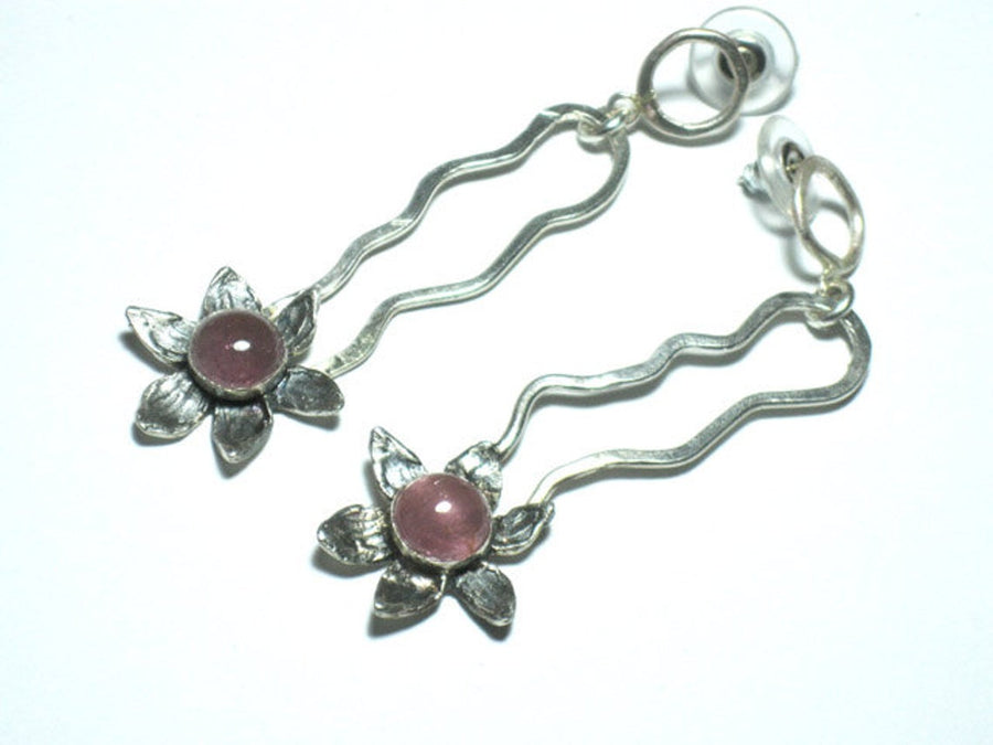 Long Flower earrings, Silver Flower Earrings, Boho Bohemian Dangle, Sleek Earrings, Handmade Tourmaline Jewelry, Designer Earrings