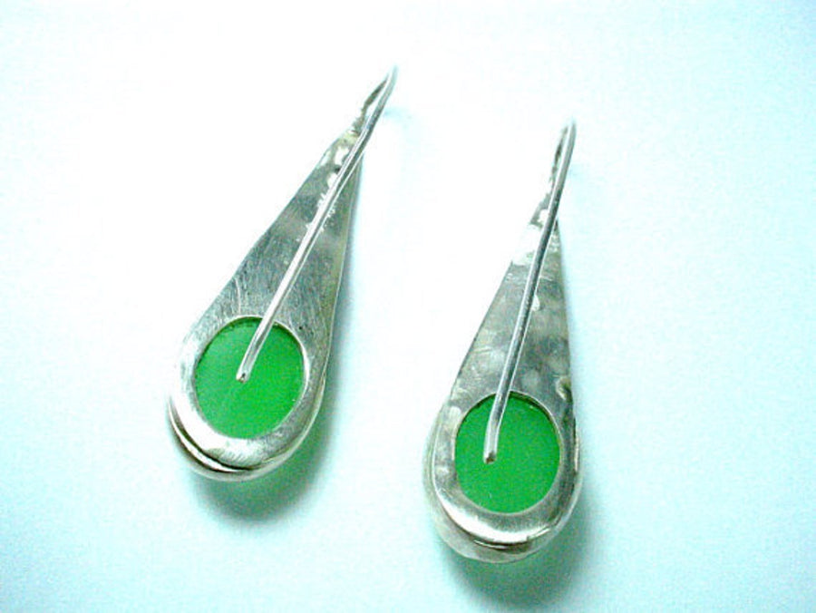 Green Stone Silver Gold Dangle Drop Earrings