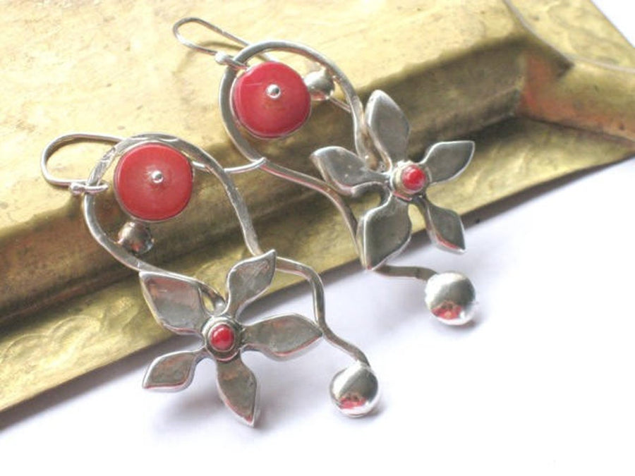 Red Coral Sterling Dangle Earrings.