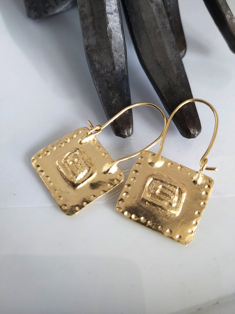 Rectangle Two Sided Gold Hoop Earrings