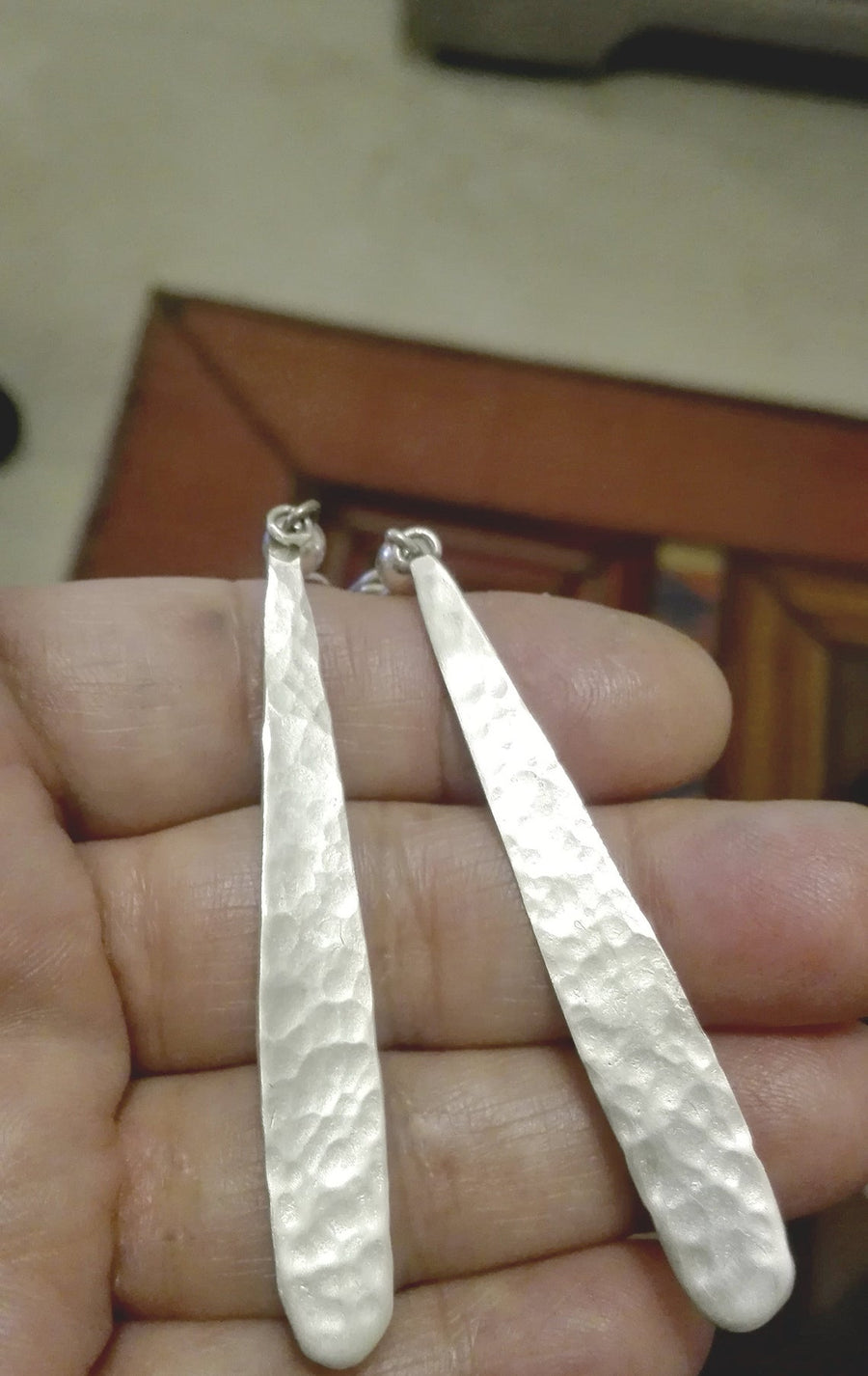 Long Hammered Silver Drop Earrings
