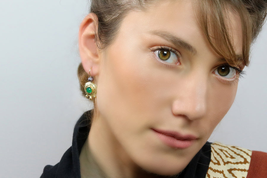 Gold Green Onyx Pearl Dangle Earrings