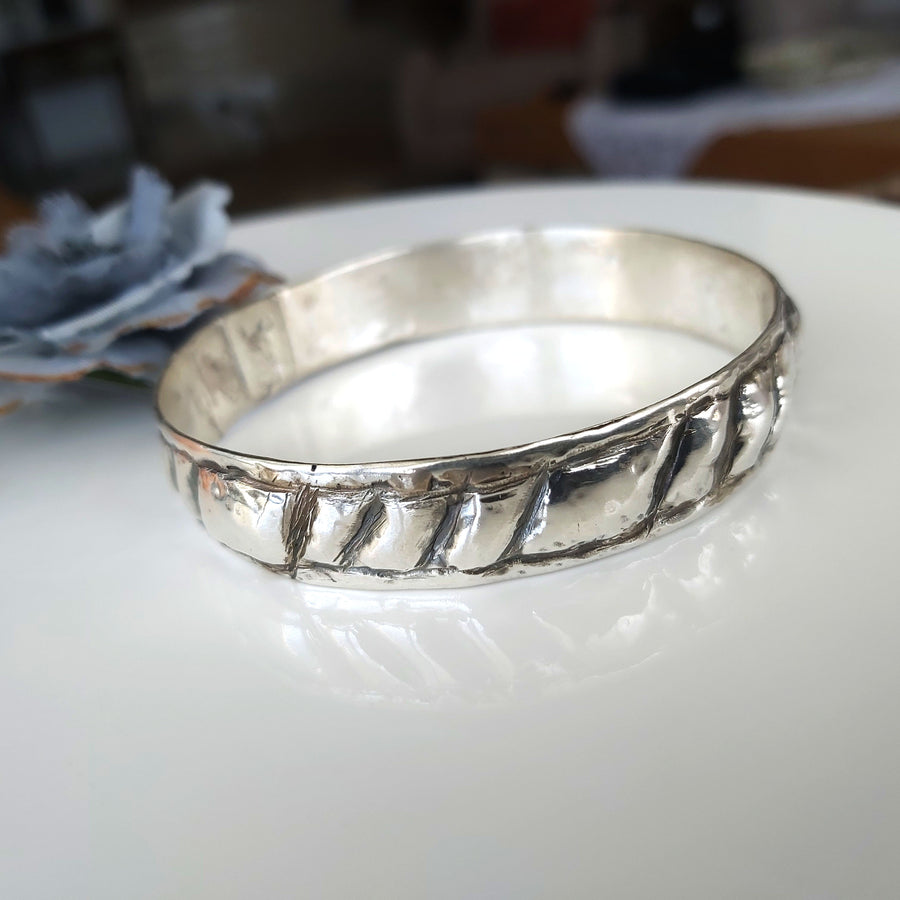 Double Layered Textured Silver Bangle
