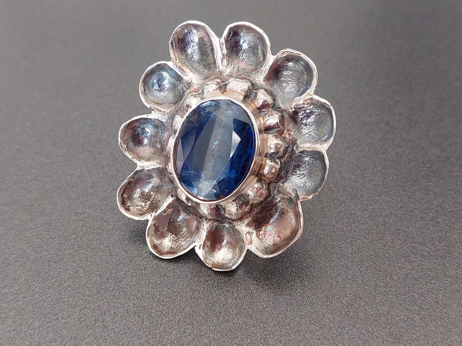Large Blue Kyanite and Sterling Silver Flower Ring