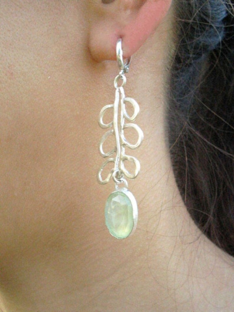 Long Prehnite Silver Dangle Earrings