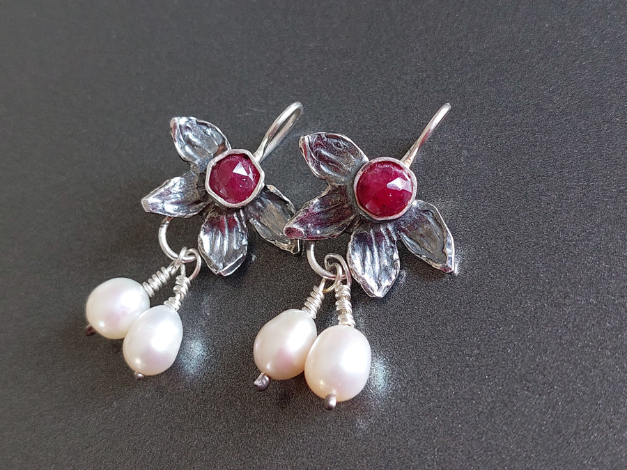 Ruby Pearls and Sterling Earrings