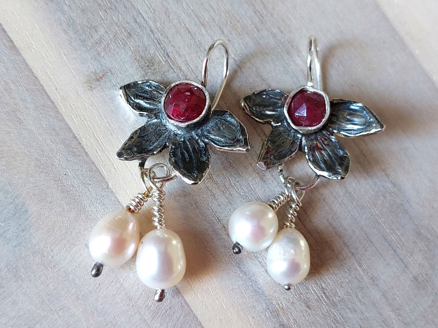 Ruby Pearls and Sterling Earrings