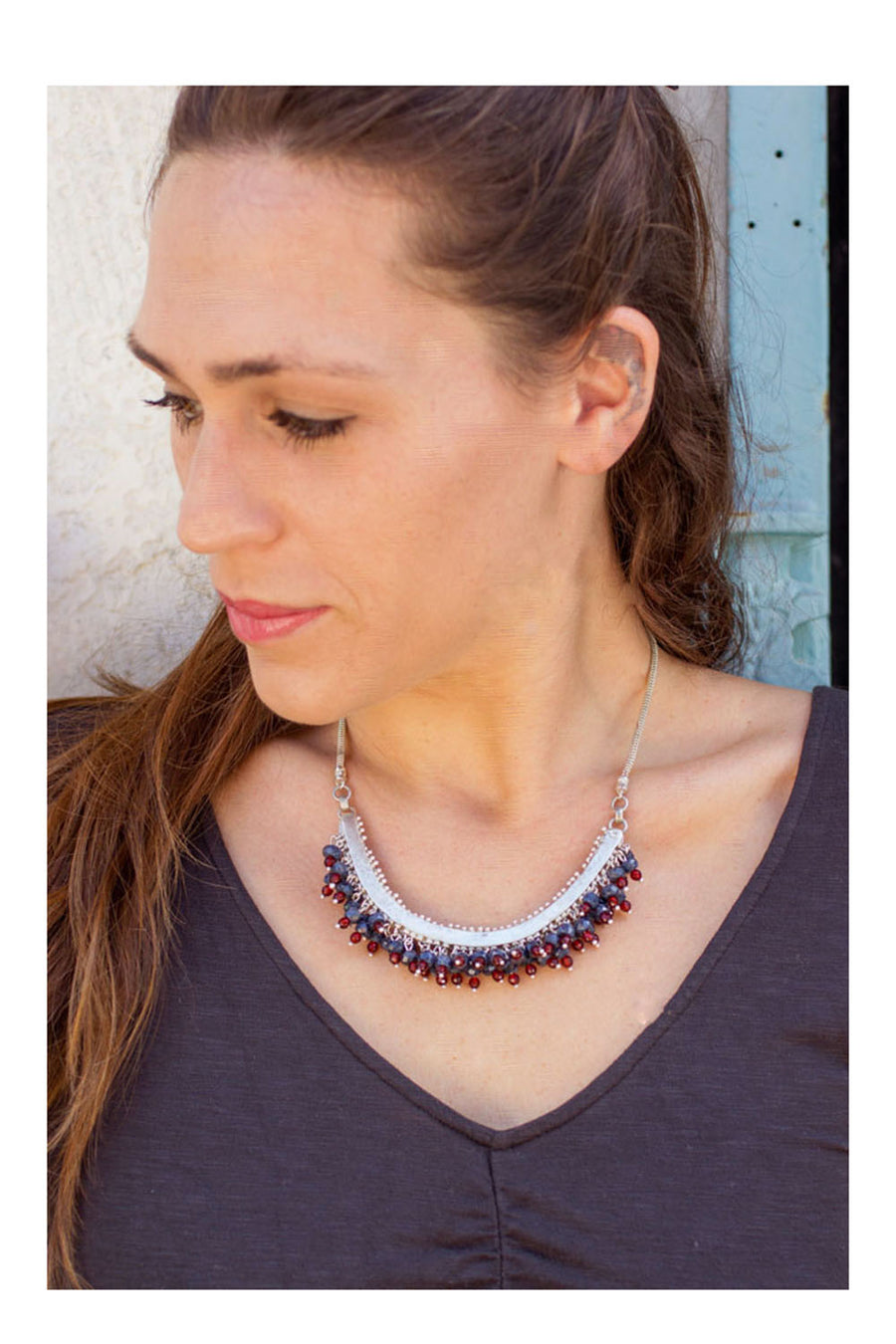 Artisan Silver Sapphire Red Agate Statement Necklace