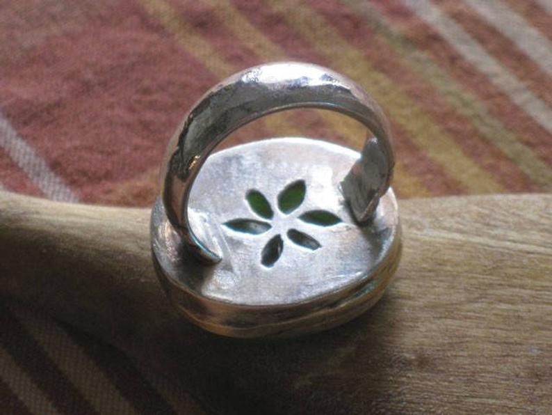 Large Silver Sea Glass Oval Green Ring