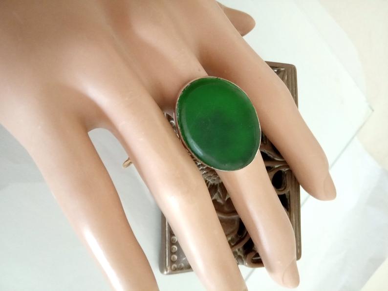 Large Silver Sea Glass Oval Green Ring