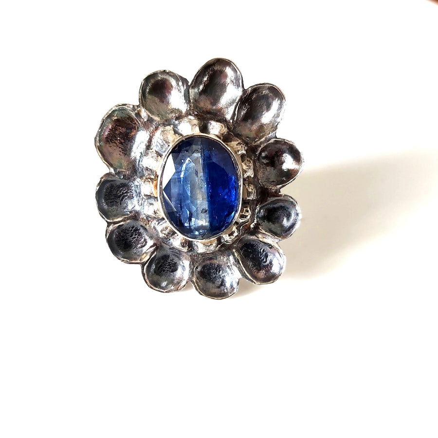 Large Blue Kyanite and Sterling Silver Flower Ring