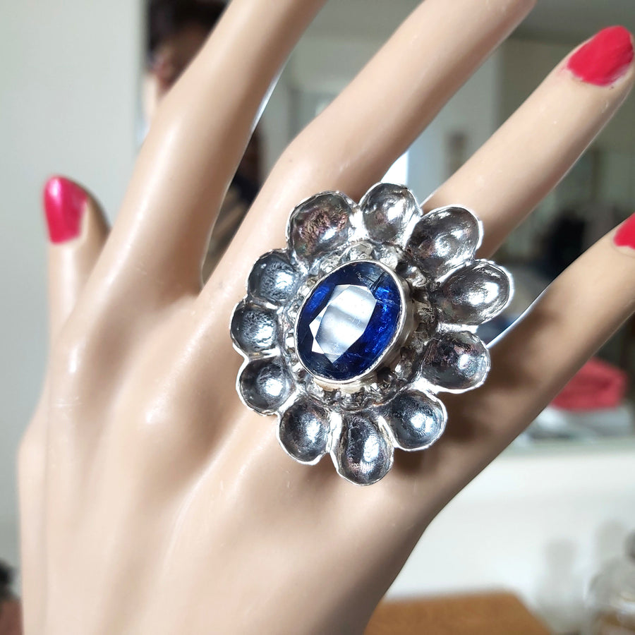 Large Sterling Flower Ring and Faceted Blue Kyanite