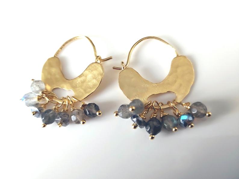 Gold Labradorite Bead Hoop Earrings