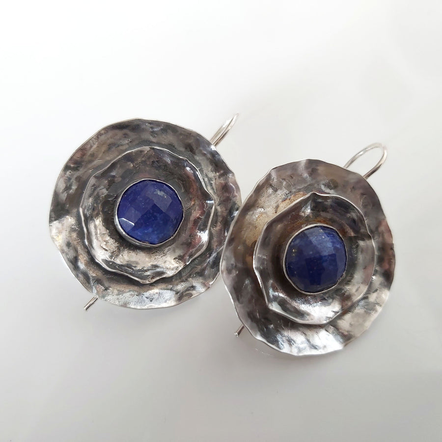 Lapis Lazuli Silver Round Disk Earrings.