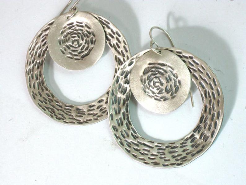 Large Round Hammered & Textured Silver Earrings